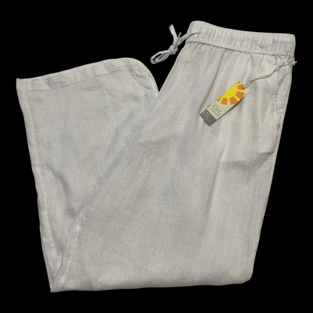 C&C California White Linen Pants Wide Split Leg Size XL Beachy Coastal Fisherman